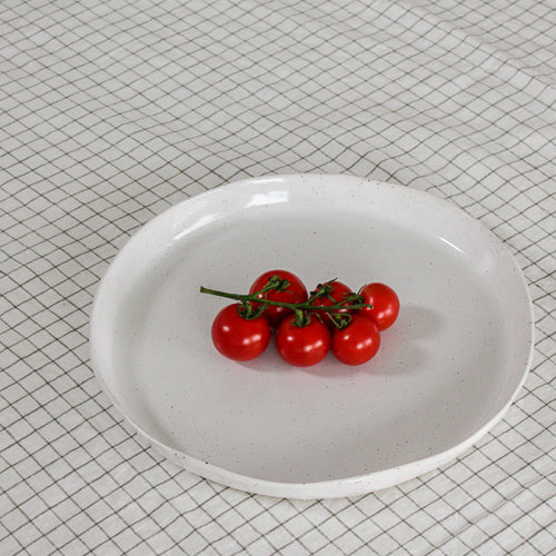 large round serving platter ~ speckled white